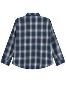 女士宽松落肩长袖格子休闲衬衫，春秋装，长袖上衣 - 藍色 - 查看 5