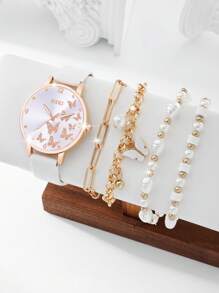 SOKI SOKI Bộ 1 đồng hồ đeo tay nữ thời trang thường ngày, đồng hồ mặt tròn số Ả Rập hình bướm, máy quartz, kèm dây đeo hình bướm, làm từ đất sét polymer và ngọc trai giả, thích hợp đeo hàng ngày, làm quà sinh nhật, quà dự tiệc, quà tặng ngày lễ, quà lý tưởng cho bản thân hoặc bạn bè. Không kèm hộp đựng. - trắng - Xem 3