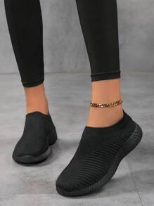 Women Mesh Slip-On Casual Sneakers Lightweight Breathable Walking Flat Shoes, Black - Black - View 6