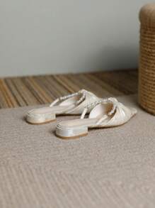 Women's Low Vamp Flat Mules Slippers New Style Breathable Organza Versatile Elegant Fairy-Like Chinese Style Embroidery Pearl Diamond Decor Backless Comfortable Low Heel Square Toe Ladies Slip-On Mules - Beige - View 6