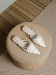 Women's Low Vamp Flat Mules Slippers New Style Breathable Organza Versatile Elegant Fairy-Like Chinese Style Embroidery Pearl Diamond Decor Backless Comfortable Low Heel Square Toe Ladies Slip-On Mules - Beige - View 2