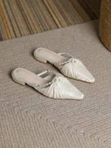 Women's Low Vamp Flat Mules Slippers New Style Breathable Organza Versatile Elegant Fairy-Like Chinese Style Embroidery Pearl Diamond Decor Backless Comfortable Low Heel Square Toe Ladies Slip-On Mules - Beige - View 1