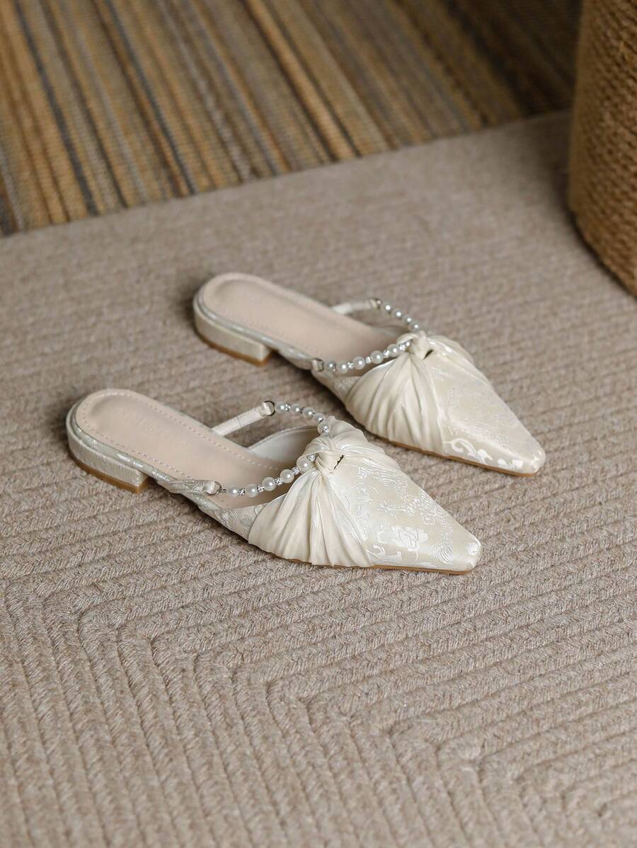 Women's Low Vamp Flat Mules Slippers New Style Breathable Organza Versatile Elegant Fairy-Like Chinese Style Embroidery Pearl Diamond Decor Backless Comfortable Low Heel Square Toe Ladies Slip-On Mules - Beige - View 1