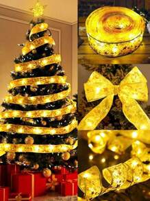 1 件圣诞装饰灯串圣诞丝带 LED 灯串缎带灯蝴蝶结丝带丝绸灯圣诞新年装饰，圣诞节 - 多色 - 查看 1