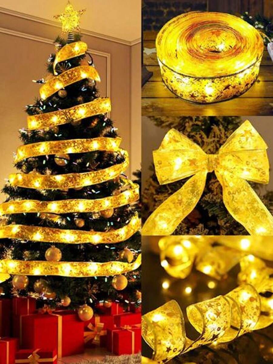 1 件圣诞装饰灯串圣诞丝带 LED 灯串缎带灯蝴蝶结丝带丝绸灯圣诞新年装饰，圣诞节 - 多色 - 查看 1