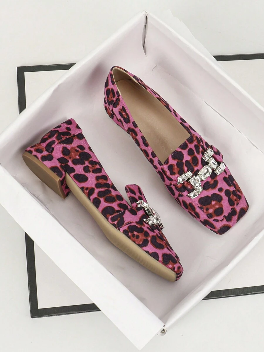 秋冬女士金属水钻装饰平底舒适休闲一脚蹬乐福鞋 情人节 - 玫紅色 - 查看 1