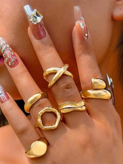 6pcs Unique & Design Glossy Geometric Curved Open Knuckle Rings Set