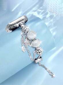 1 件兼容 女式表带，采用银色圆柱串珠手链吊饰，配有闪光心形水钻花朵装饰，适合 Ultra2 1 SE S9/8/7/6/5/4/3/2/1 系列，时尚，送给年轻女士的完美礼物，38/40/41/42/44/45/49 毫米智能手表配件 - 銀色 - 查看 4