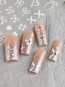 2张5D美甲丝带贴纸 粉白蝴蝶结梨形美甲饰品 可爱丝绸蝴蝶结白色梨形贴花 Y2K美甲设计滑块 卡哇伊美甲配件 美甲用品 - 彩色 - 查看 3