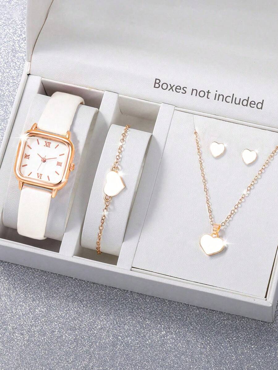SOKI SOKI 一套女士手表，配有PU皮表带，休闲石英表，搭配心形项链、耳环和手链首饰套装，适合日常佩戴、生日礼物、派对、节日聚会，是送给自己或朋友的理想礼物。不含包装盒。 - 白色 - 查看 1