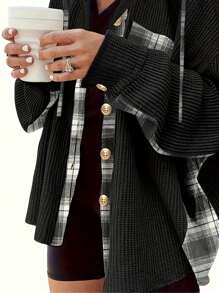 Front Button Long Sleeve Plain Color Patchwork Plaid Casual Jacket, Everyday Wear - Black - View 2