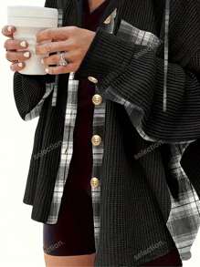 Chaqueta informal de manga larga con botones delanteros, color liso y parches de cuadros escoceses, para uso diario
