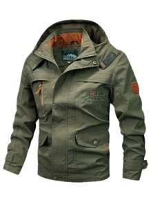 1pc Boyfriend Style Men's Letter Embroidered Multi-Pocket Casual Outdoor Sports Jacket With Detachable Hood, Windproof And Fashionable