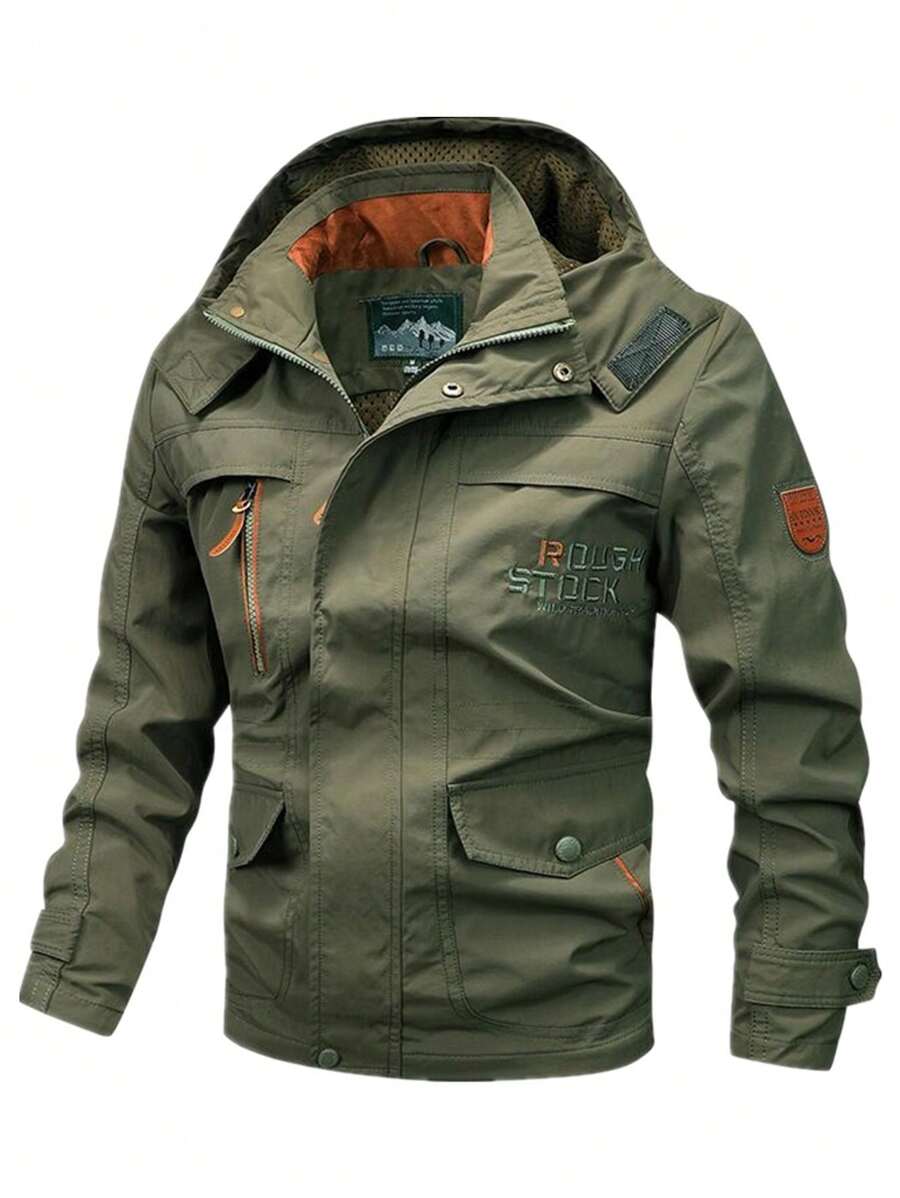 1pc Boyfriend Style Men's Letter Embroidered Multi-Pocket Casual Outdoor Sports Jacket With Detachable Hood, Windproof And Fashionable