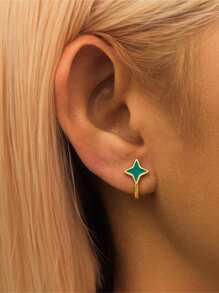 1 par de aretes de aro de plata de ley 925 con imitación de esmalte con efecto gota de aceite con diseño de asterisco cuádruple, para cartílago, aros pequeños para uso diario, bodas, fiestas, compromisos, San Valentín para mujeres - Dorado - Ver 1