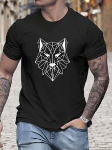 Camiseta De Casual Para Hombre Suelta Estampado Lobo y Estampado Geométrico Top Verano - Negro - Ver 1