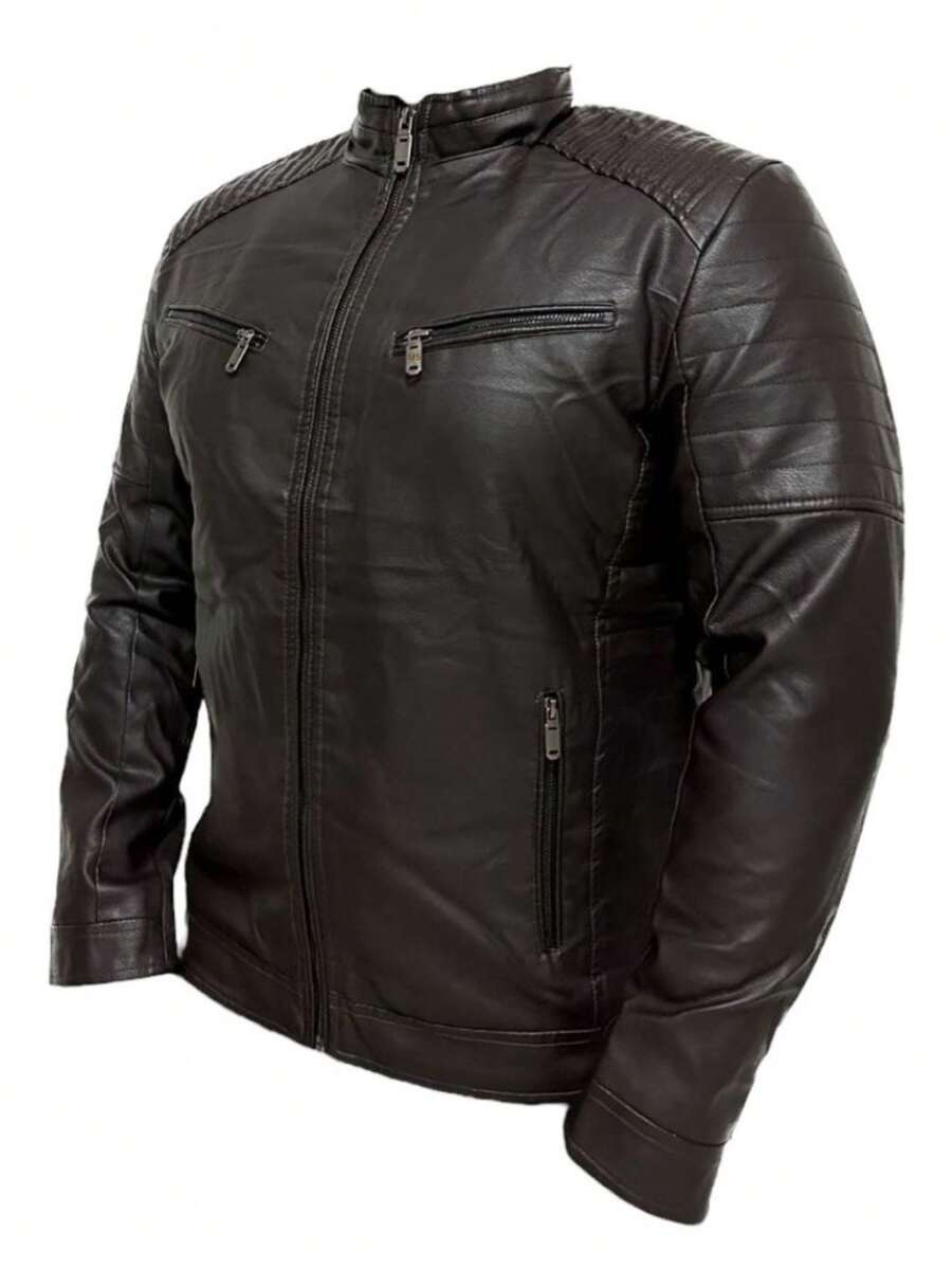 Casual Men's Lined Leather Jacket - 鏽棕色 - 查看 1