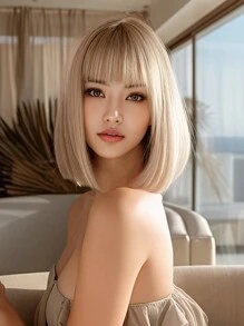 自然舒适的短款直发假发，金色刘海，12 英寸合成耐热纤维，非常适合日常佩戴，逼真的假发。