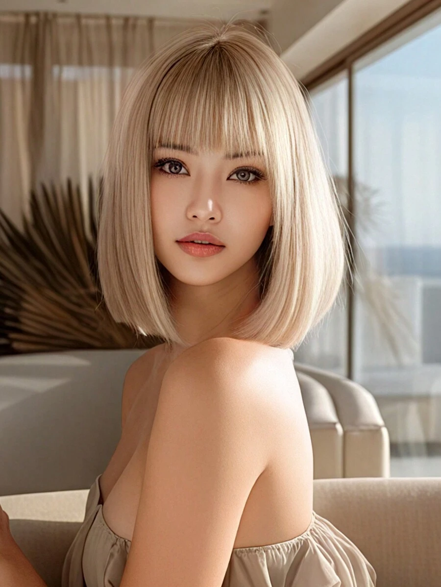 自然舒适的短款直发假发，金色刘海，12 英寸合成耐热纤维，非常适合日常佩戴，逼真的假发。