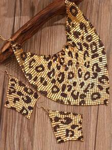 1 套豹纹迷人珠宝套装 - 3 件三角围巾、项链和吊坠耳环 - 女士时尚复古风格，派对、日常穿着、海滩和音乐节的完美配饰