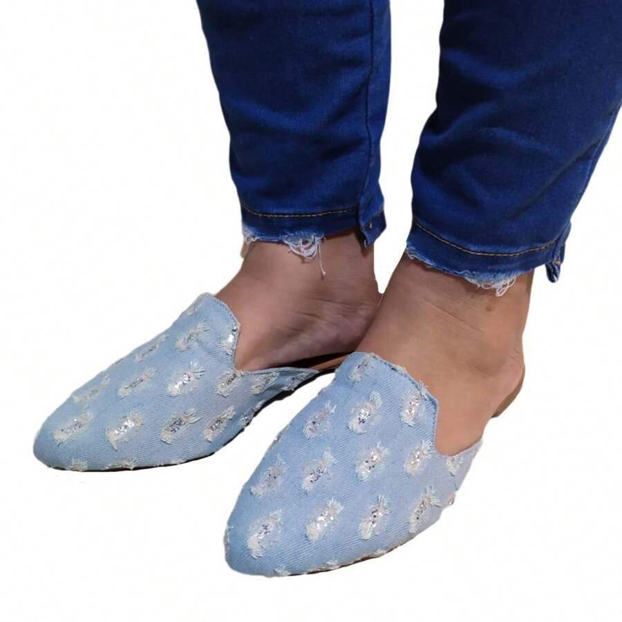 Women's Mule Flat Pointed Toe Comfort Flat Glitter Ripped Jeans From 33 To 39 Slippers Clogs Slide Shoes - 淺藍色 - 查看 1