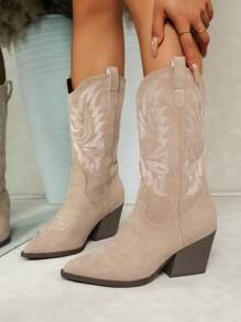 Women's Western Embroidery Pattern Chunky Heel Fashion V-Cut Boots