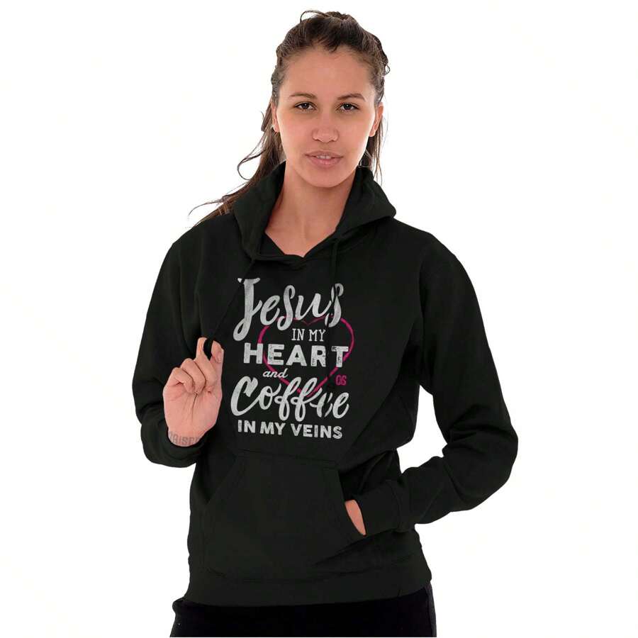Jesus In Heart And Coffee In Veins Hoodie Sweatshirt Women - 黑色 - 查看 1