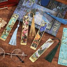 4 Pcs Retro Floral Painting Metal Bookmark Hollow Bronzing Bookmark With Tassel Stationery Gifts School Supplies For Book Club Reader Birthday Festival Writers Book Lovers Friends Teachers Students
