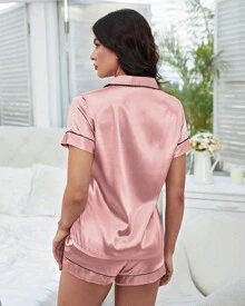 American Women's Pajamas Satin Silk Touch With Spandex Short Sleeves And Summer Shorts With Pocket And Button - 乾枯玫瑰色 - 查看 4