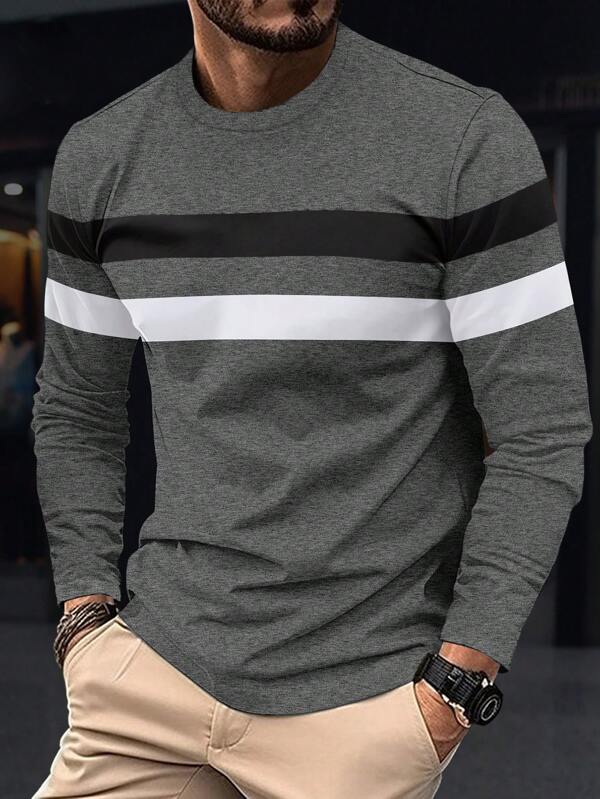 New Men's Colorblock Long Sleeve T-Shirt, Breathable Comfortable Casual Activewear For Sports, Fitness, Running, Beach, Vacation