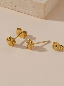 VceTd 1 套/2 件 18K 镀金不锈钢优雅可爱猫爪印花耳钉，适合日常佩戴或送礼 - 金黃色 - 查看 4