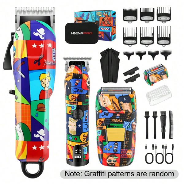 HIENA 3er-Set HYN Haarschneidemaschine mit Graffiti-Dekor zum Trimmen, Rasieren, Schnitzen, Herrenpflegewerkzeuge, Friseursalon, professionelle Haarschneidemaschine für Zuhause, tragbare Tasche Design ist das perfekte Geschenk