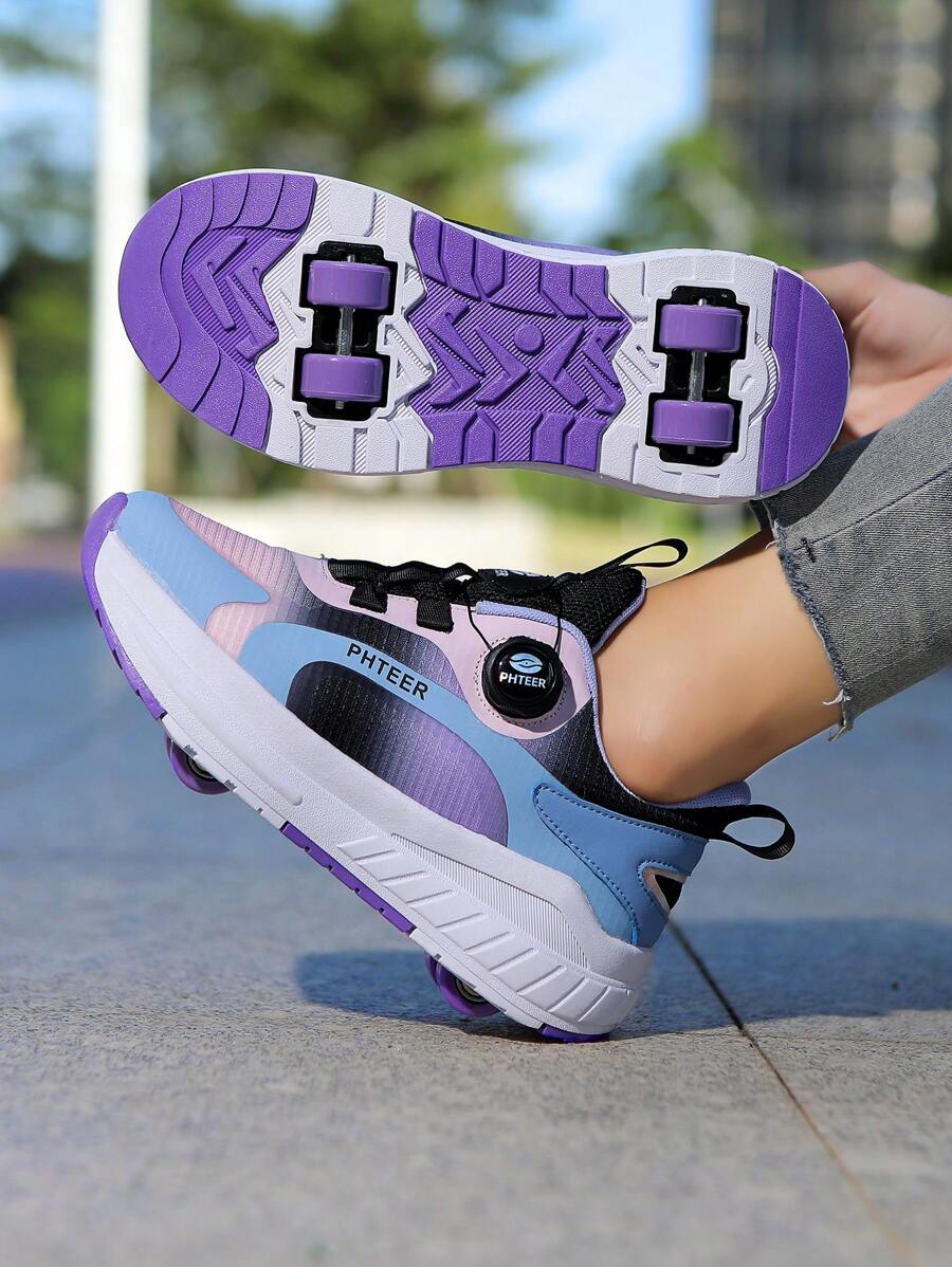 Roller Shoes/Rollerskates With Wheels For Teens, Boys & Girls, Four-Wheel Sneakers, Summer Mesh Uppers - 185 Black Purple - View 1