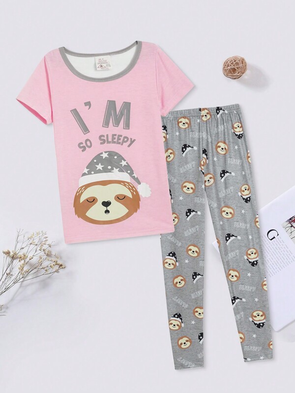 Conjunto de pijama confortável de 2 peças para menina pré-adolescente com manga curta, estampa de preguiça fofa e calça comprida ajustada