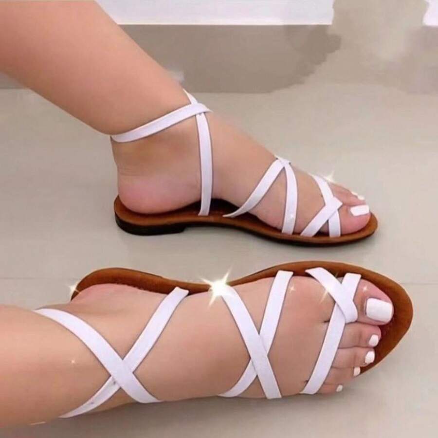 Women's Flat Fisherman Cross Thong Strappy Sandals Gladiator Strap Sandals - White - View 1