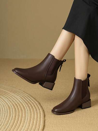 Women's Brown Round Toe Chunky Heel Short Ankle Boots, Ideal With Cardigan, Elastic Slip-On Fashionable & Versatile, Fashion Match Sweater, Suitable For Fall/Winter,Boots For Women