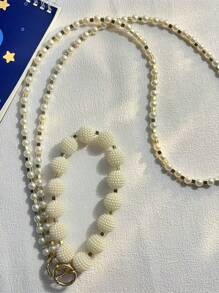 Pearl Strap Creative Hole-Less Phone Case With Card Holder And Lanyard For Women, Anti-Drop - White - View 2