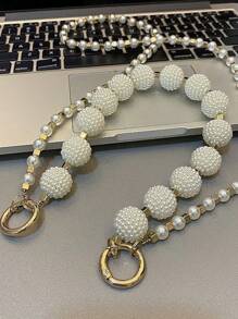 Pearl Strap Creative Hole-Less Phone Case With Card Holder And Lanyard For Women, Anti-Drop - White - View 4