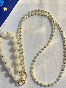 Pearl Strap Creative Hole-Less Phone Case With Card Holder And Lanyard For Women, Anti-Drop - White - View 3