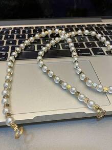 Pearl Strap Creative Hole-Less Phone Case With Card Holder And Lanyard For Women, Anti-Drop - White - View 5