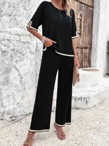 Vestidos Conjunto de verano de dos piezas para mujer con top de manga corta y pantalón casual de pata ancha, 2 piezas/set de pantalón de chándal  de color sólido y camiseta y pantalón, Conjunto de camiseta y pantalón de con dobladillo acanalado para mujer, adecuado para todas las ocasiones - Negro - Ver 5