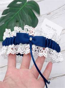 Bridal Lace Garter With Rhinestone Bow, White Wedding Leg Garter For Bride, Party Costume