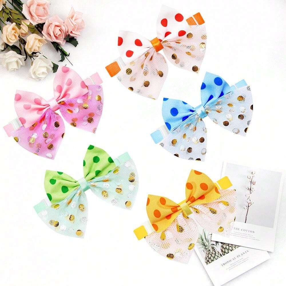 5pcs Random Color Polka Dot Bow Tie Pet Collar, Lace Edge Dog Collar