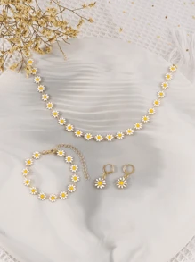 4pcs/Set Kids Fashion Minimalist Daisy Flower Necklace, Earrings And Bracelet Set