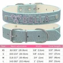 Collar personalizado de PU para perro, cachorro y gato con diamantes de imitación, etiqueta de identificación personalizada, decoración de colgante para perros pequeños, medianos y grandes - Accesorio - Celeste - Ver 17