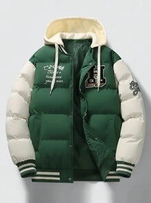 男士长袖新款拼接棒球冬装外套，刺绣加厚外套，带可拆卸帽子，适合秋冬季穿着 - 綠色 - 查看 1