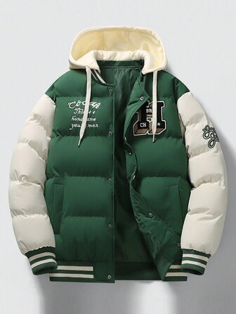 Men's Long Sleeve New Patchwork Baseball Winter Coat, Embroidery Thick Outerwear With Detachable Hood, For Fall Winter