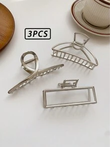 3pcs Large Premium Metal Claw Clips, Stylish All-Match Hair Accessories Hair Claw - Silver - View 2