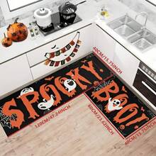 1/2pcs Halloween Themed Kitchen Mat, Ghost & Letter Pattern Design For Home, Room, Halloween Decoration