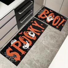 1/2pcs Halloween Themed Kitchen Mat, Ghost & Letter Pattern Design For Home, Room, Halloween Decoration